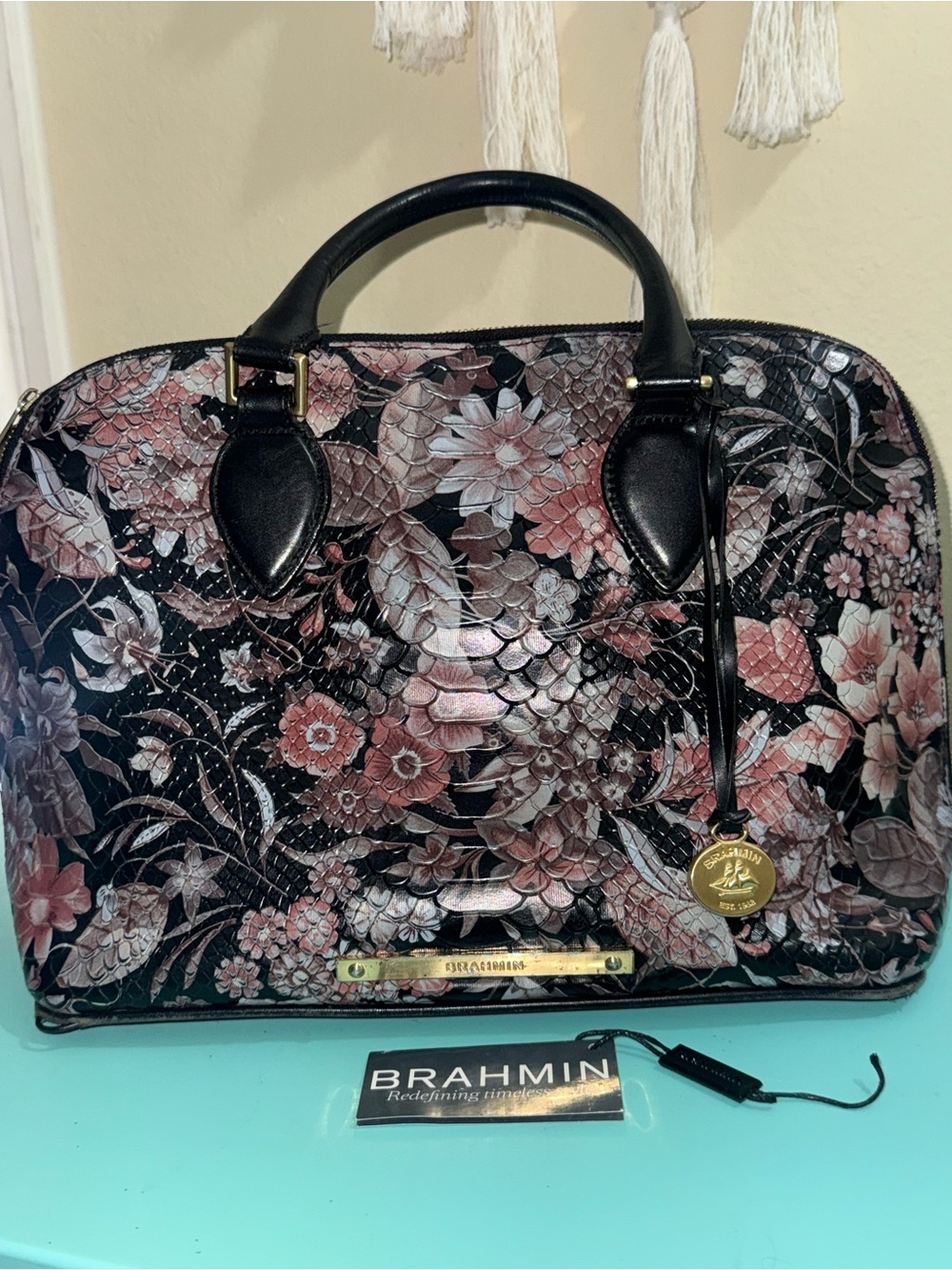 Brahmin Vivian Dome Satchel Black Bohemia Floral Croc Snake Embossed Gen Leather